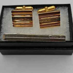 Christian Dior Bullet Back Gold and Silver Tone Cufflinks and Tie Bar